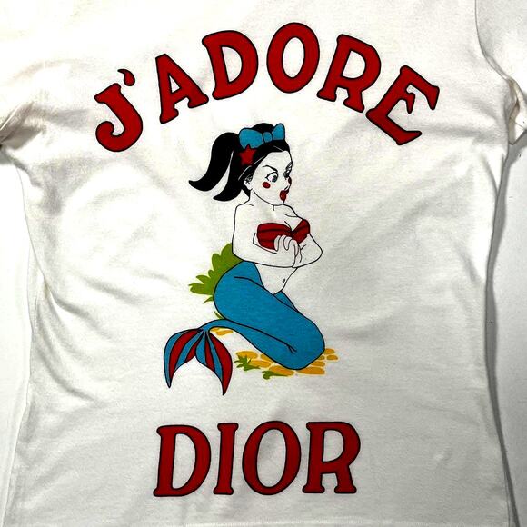 Authentic Christian Dior by Galliano Mermaid Print T-Shirt Cotton Top White 38 - Picture 2 of 4